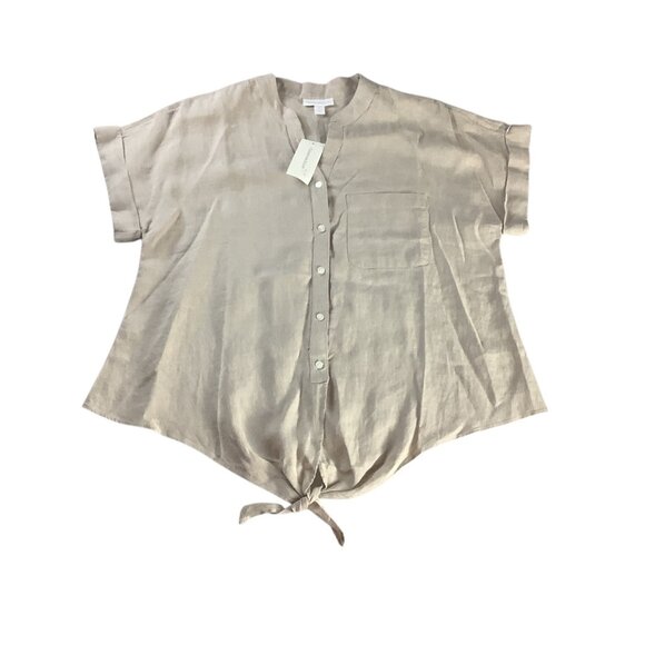 Charter Club Women's Flax Button Front Tie Hem Shirt Size S Collarless - Picture 10 of 14